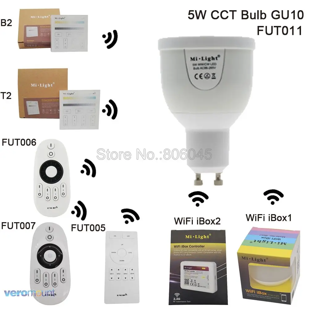 

AC85-265V 2.4G Mi.light GU10 5W Color Temperature Adjustable Dual White(CW/WW) CCT Wifi LED Bulb Lamp FUT011 for Android/iOS
