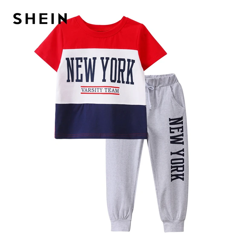

SHEIN Kiddie Boys Colorblock Letter Print Tee With Elastic Waist Sweatpants 2019 Summer Short Sleeve Active Wear Child Suit Sets