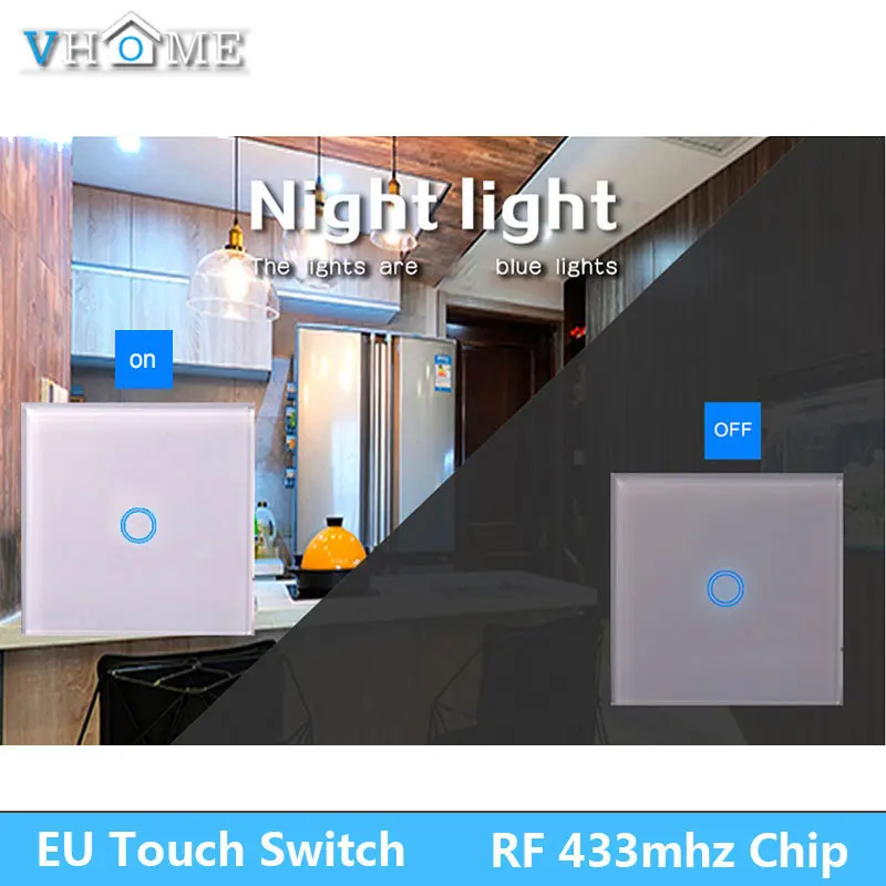 Vhome Smart Remote Touch Switch,RF 433mhz Smart Home Wireless Switch Panel,EV1527 EU/UK Standard Smart Wall panel