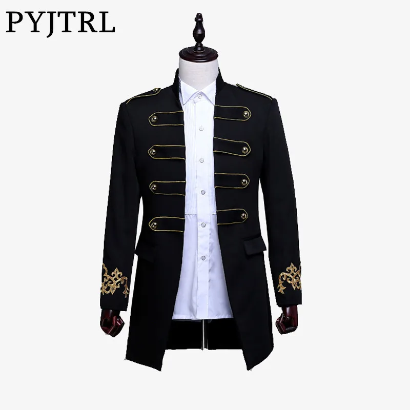 

PYJTRL Men Double-breasted England Style Long Slim Fit Blazer Design Wedding Groom Suit Jacket Mens Stage Wear Singer Costume