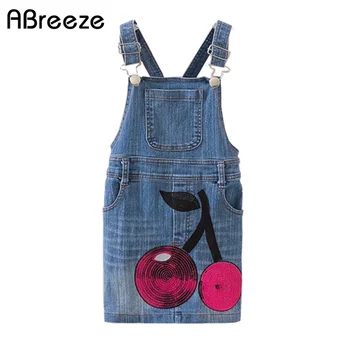 

Spring summer new Casual girls kids suspender dresses Cute paillette cherry washed cotton denim sundress for children girls