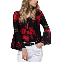 Элегантный Для женщин вышивка Цветочный принт блуза рубашки с длинным рукавом плиссированные оборками футболки топы Демисезонный Office