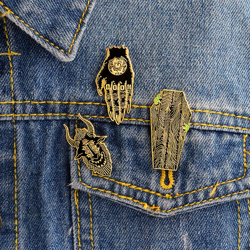 

Halloween Ents ! Hands of doom satan sees all coffin pins Gothic Punk pins Badges Brooches Leather jackets Backpack pins