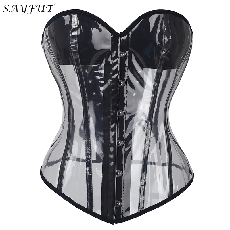 

SAYFUT Transparent Bustiers Corsets Women Buckle-up Waist Trainer Steampunk Overbust Corset Slim Top With G-string Sexy lingerie