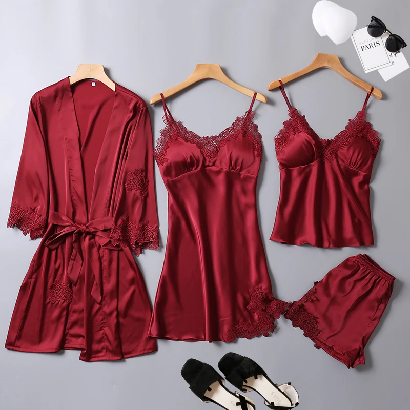 

pajamas for women summer 4 pieces of pajamas One Lot Pajama Sets Sleepwear home suit clothing silk pajama set