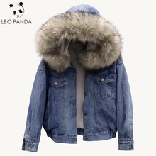Женские зимние короткие джинсы хлопковая куртка большой меховой воротник овечья шерсть пальто с капюшоном плюс бархатная утепленная джинсовая одежда свободные большие размеры