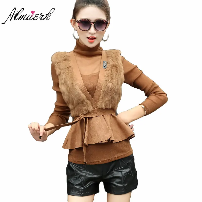 

2018 fashion new women two-piece heap collar T-shirt set long sleeves thicken female rabbit hair vest T-shirt bottom shirt L246