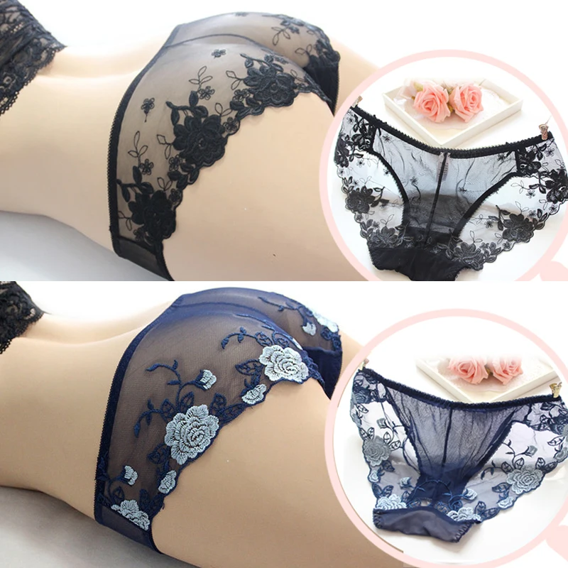 DERUILADY Lace Embroidery Transparent Panties Seamless Lace Sexy Net Yarn Panties Low waist within Temptation Underwear Women