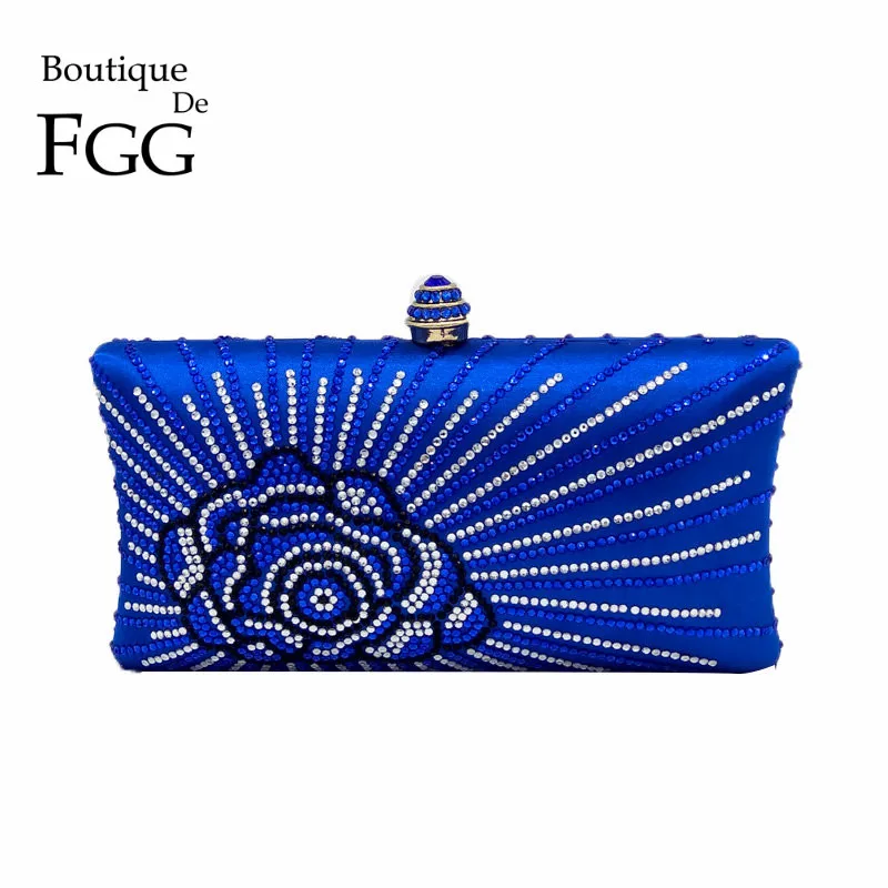

Royal Blue Crystal Rhinestones Flower Mini Metal Clutches For Women Evening Clutch Box Bag Wedding Party Bridal Handbag Purse