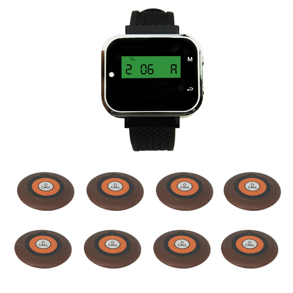 Супер тонкий кнопки вызова беспроводной Ресторан колокольчики вызова системы 8 Передатчики+ 1 часы пейджер/3 цвета доступны
