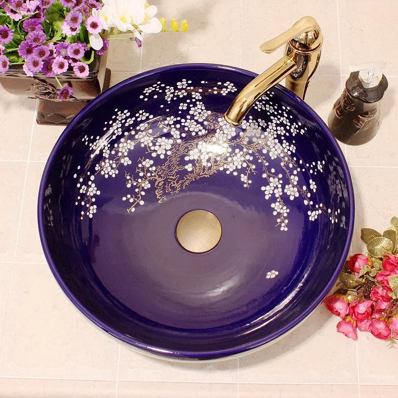 China Artistic Handmade Engraving Ceramic Lavobo Round Countertop size of wash basin plum blossom painting white (6)