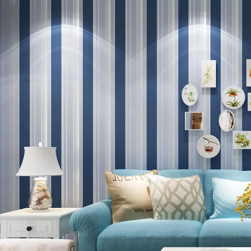 Blue Stripe Wallpaper เด็กห้องสติกเกอร์ผนัง PVC กันน้ำเป็นมิตรกับ