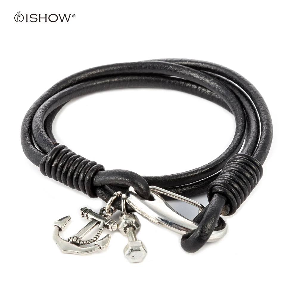 Men's Bracelet Anchor Handcuff Dumbbell Charm Leather Bracelet Black