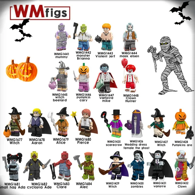 

Single Zombie Legoings Mummy Horror Halooween Figures Witch Clown Vampire Pumpkin Balloon Building Block Toys for Children Gift
