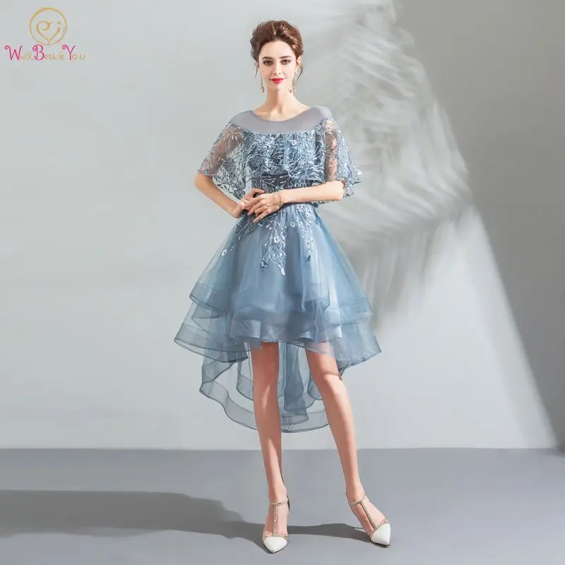 

Light Blue Prom Dresses Walk Beside You Short Front Long Back with Wrap Lace Tulle Tiered Evening Gowns Vestidos De Baile 2019