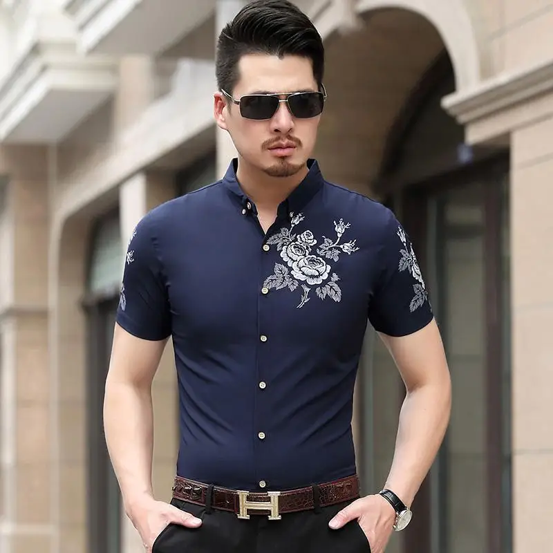 

New Model Shirts Short-sleeved Hawaiian Shirt Dress Floral Print Flower Blouse Men Clothes White Black Red Navy