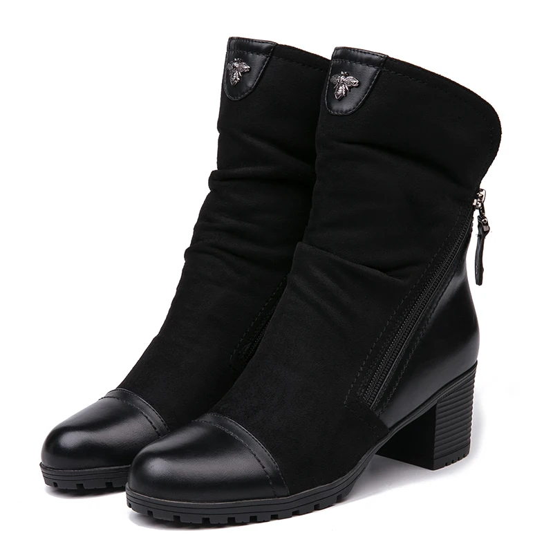 AIMEIGAO/сезон осень-зима; замшевые кожаные ботинки; женские ботильоны черного цвета с двойной молнией; женские короткие плюшевые ботинки на не сужающемся книзу массивном каблуке; обувь на платформе