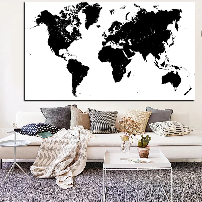 Black and White World Map Printed on Canvas