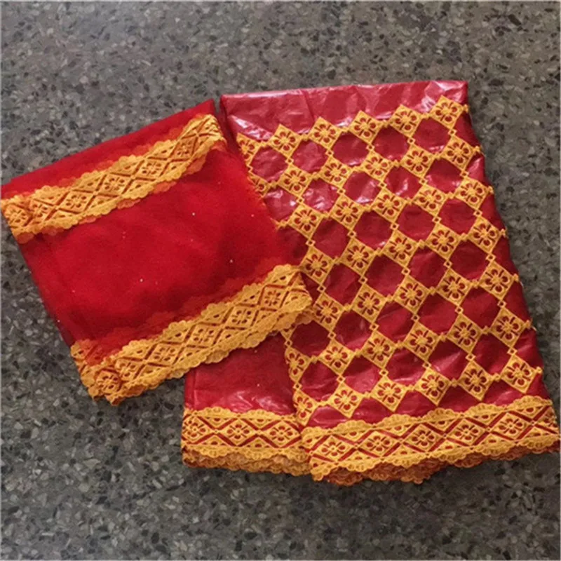 

2019 New Design African Lace Fabric Material 7 Yards Bazin Brode Getzner Guinea Brocade Red Lace Fabric For Dress High Quality