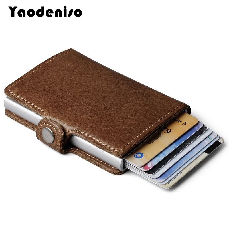 

100% Genuine Leather Aluminum Wallet With Back Pocket ID Card RFID Blocking Mini men Wallet Automatic Credit Card Coin Purse