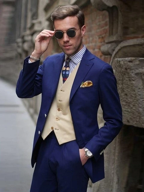 Traje de boda entallado hombre, chaqueta personalizada azul marino, para de graduación, traje de negocios inteligente informal, chaqueta, chaleco y pantalones|Trajes| AliExpress