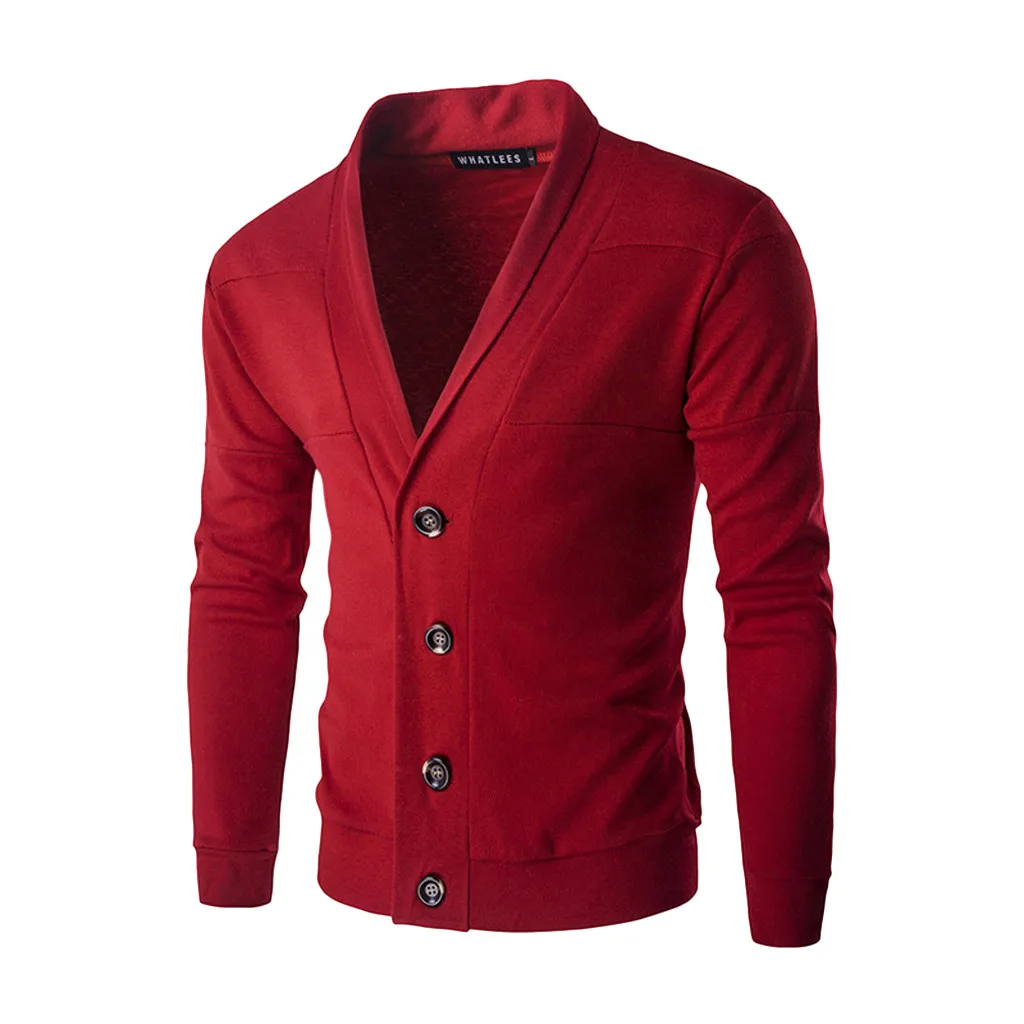 Мужской весенне-осенний тонкий свитер, кардиган с v-образным вырезом, свитер для мальчиков, одноцветная куртка с принтом, пальто, Повседневные вязаные свитера с пуговицами - Цвет: Red