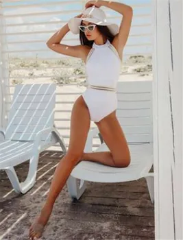 

2019 Summer Sleeveless Beach Bodysuits Women Sexy Halter Vacation Hollow Jumpsuit One-piece Skinny Solid Color Rompers