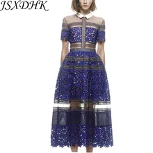 JSXDHK verano autorretrato vestido de encaje largo 2018 mujeres azul Patchwork malla de manga corta ahueca hacia fuera el vestido de fiesta de cuello vuelto
