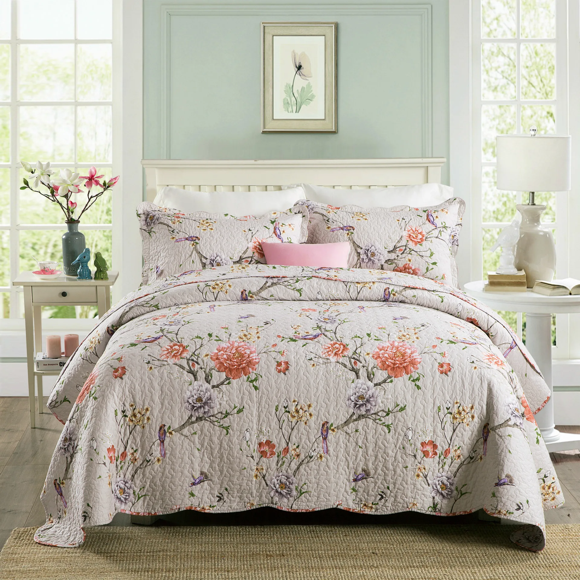 

Ameican Floral Cotton Embroidery Quilting Quilts BeigecolorBedcover Sets Summer Cool Printed Quality Bedspread Bedsheet COVERLET