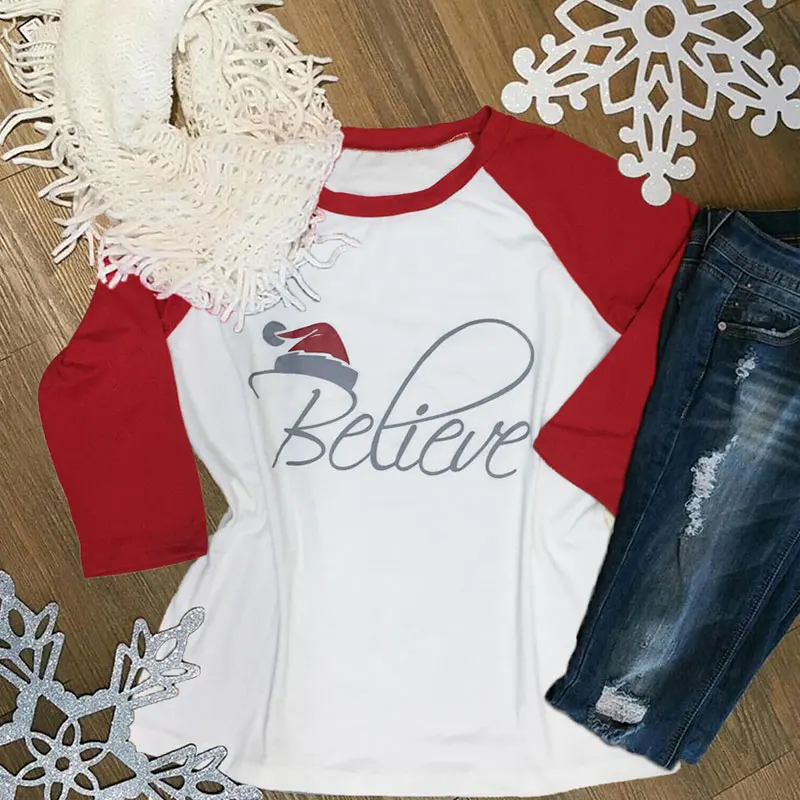 

Cute Christmas Women T-Shirt Hat Believe Printed Splicing T-Shirt Casual O-Neck White Female t shirt Fashion Ladies Tops Tee