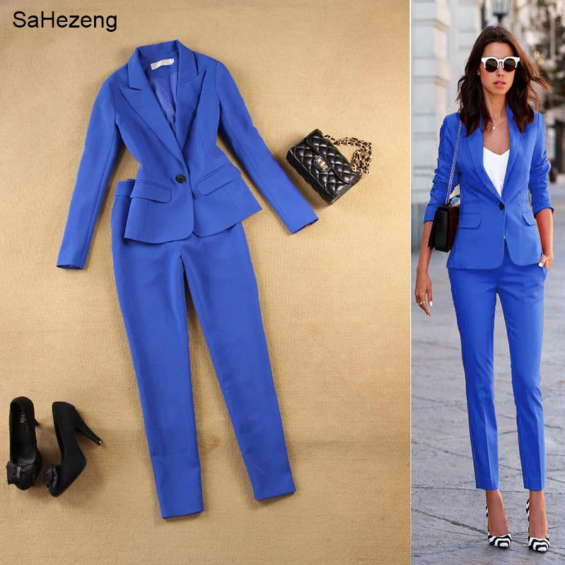 2 Pieces Elegant Ladies Sets Outfits Spring Autumn Slim Solid Blue