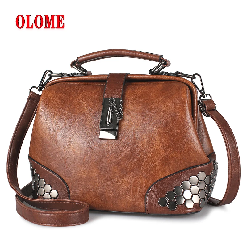 

Women Handbag Leather Small Doctor Bag Women Shoulder Bag Female Crossbody Handbag Lock Chain Rivets Girls Vintage Women Bags