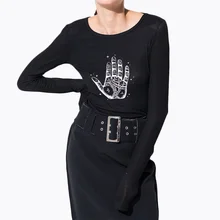 2016 New Women’s T-shirt Hand Prints Acupoint Funny Casual Black T shirt For Woman Autumn Long Sleeve Tshirt Women clothing