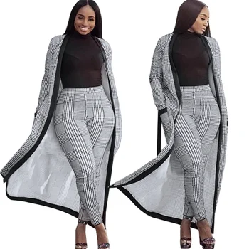 

Plus Size 2 Piece Pants Set 2018 Autumn Plaid X-Long Jacket Trench + Pants Set Women Suits OL Elegant Trench Workwear Long Coats