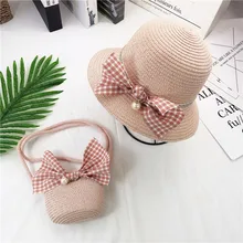 New Children Bag Straw Hat Set Hand-woven Bow Single Shoulder Bag Sun Straw Hats LMH66