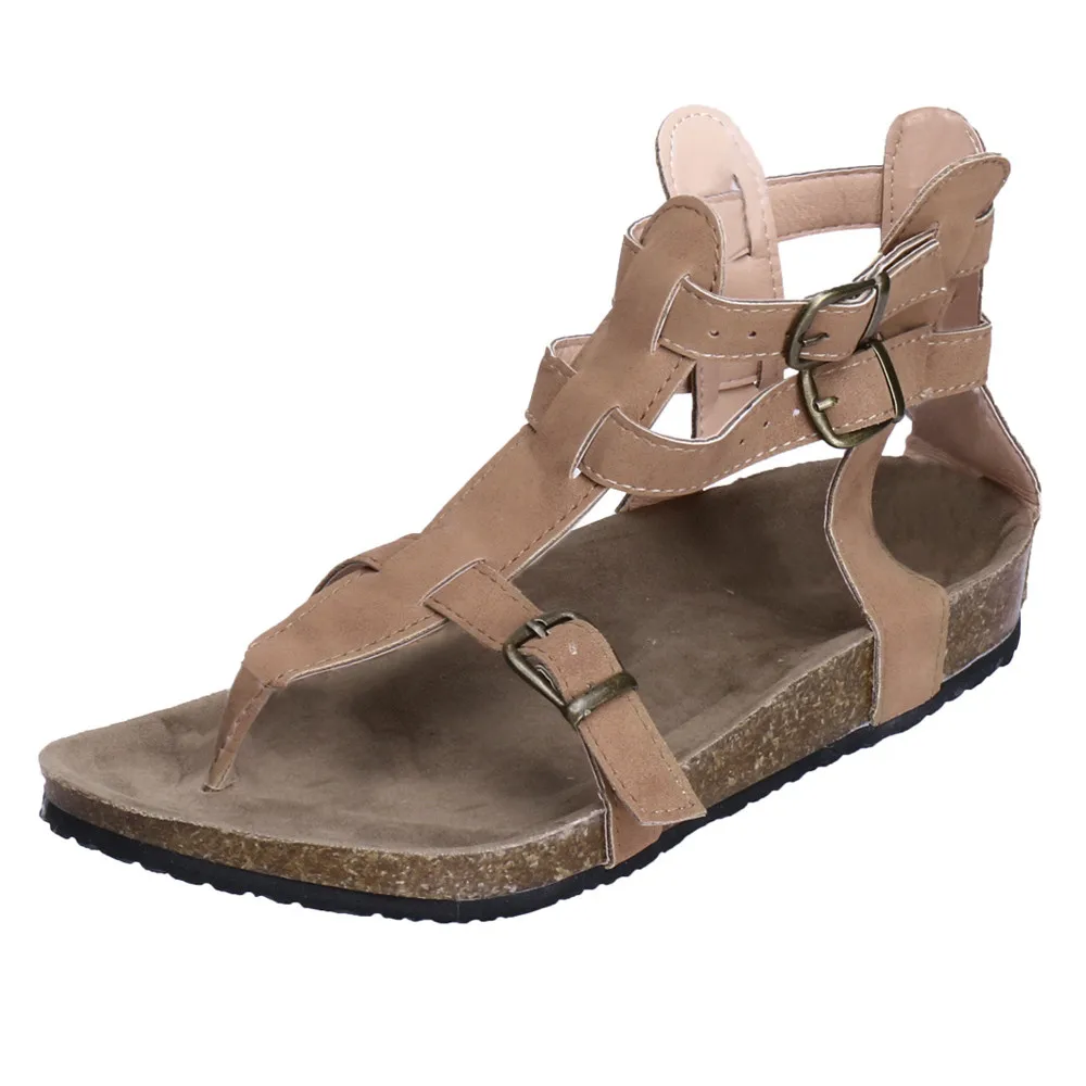 

Jaycosin sandals women's flat leather buckle sandals Roman shoes wild open toe heel Beach Shoes Roman Slippers