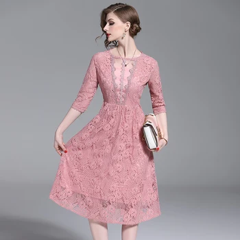 

Designer Dress 2019 Lace Fashionable Dress Half Sleeve Round Neck Pink Retro Party Dress Womens Summer Tunics