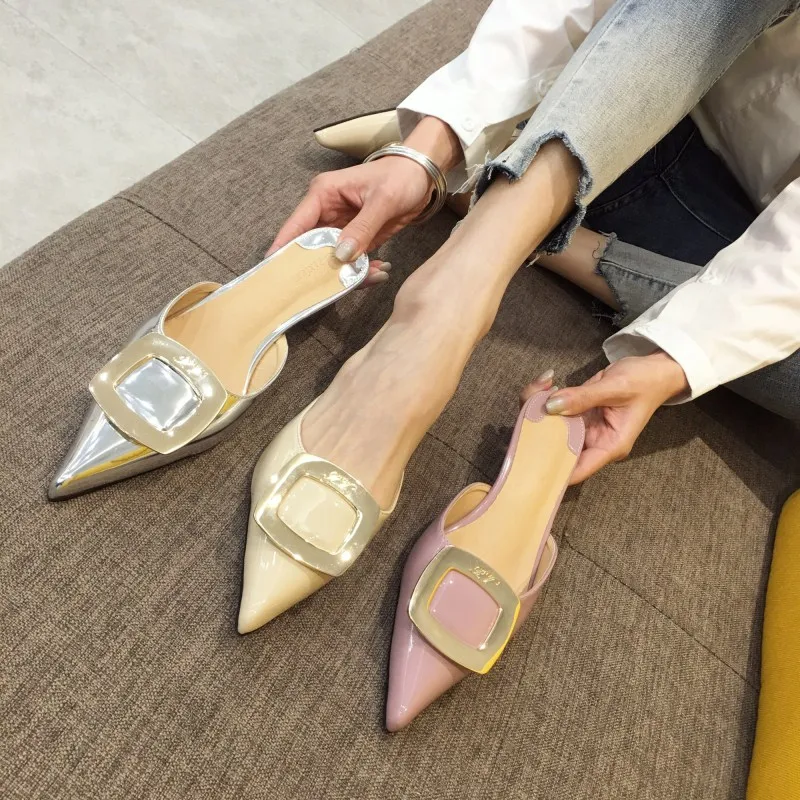 

Silver Women High Heels Mules Ladies Sandals Slippers Pointed Toe Kitten Heel Shoes Metal Buckle Loafers Women Outside Slippers