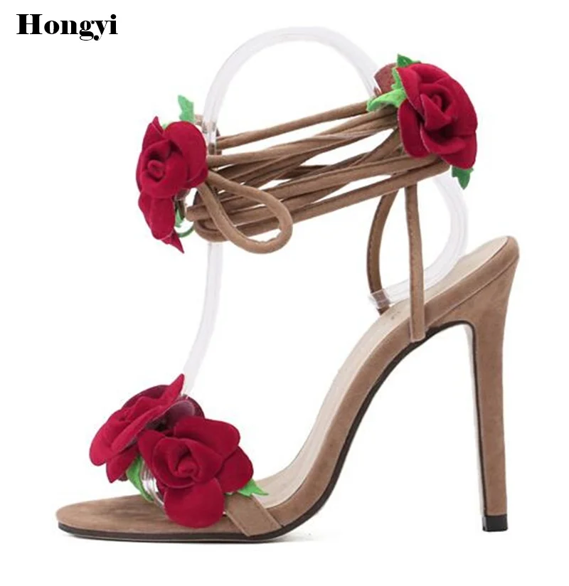 Red flowers sandals women super high heel shoes ankle strap Lace Up