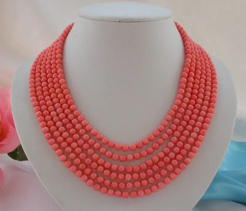 

FREE shipping>>>>charming 6ROW 4mm round PINK coral beads necklace