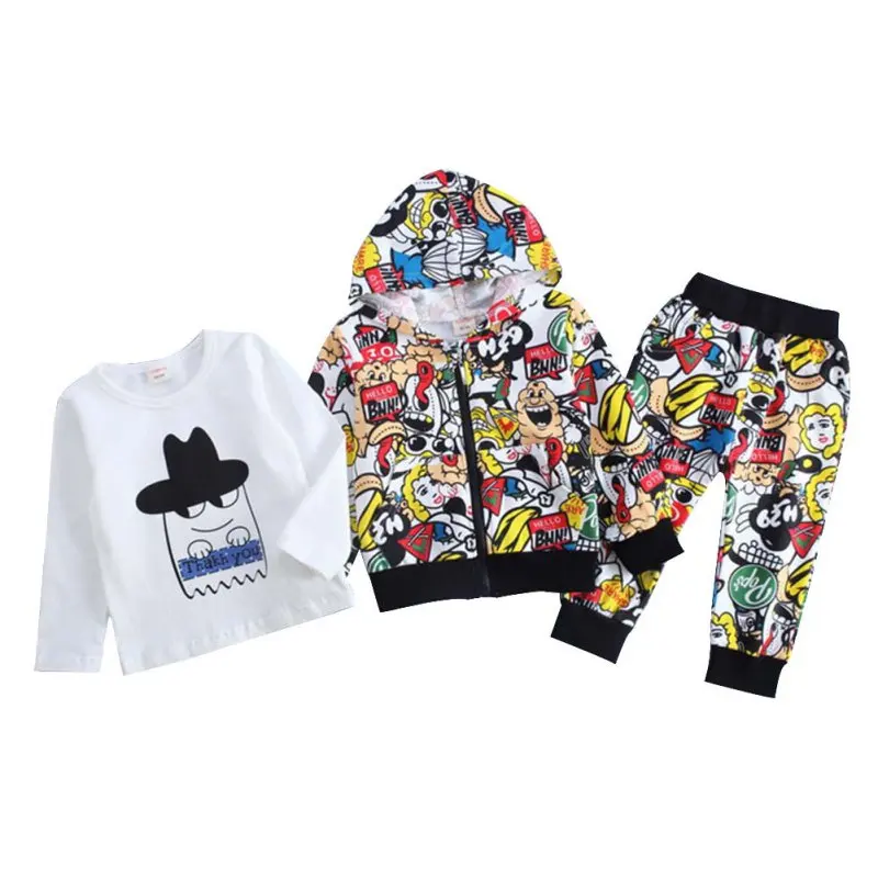 

Hot 3Pcs/Set Children Clothes Set 2018 New Spring Autumn Boys Hooded Coat+Tops T-shirt+Pants Sets Kids Casual Clothing Suit A1
