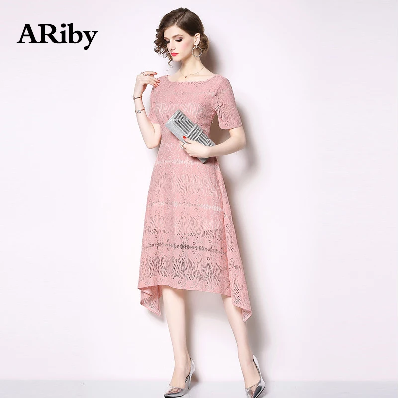 Women Dress Pink Lace Dress 2019 Summer Fashion Temperament Sweet Solid Short Sleeve Slim Lace Irregular Hollow Out A-Line Dress