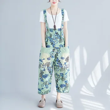 

Plus Size Denim Jumpsuits Mori Girl Leisure Print Bib Overalls Pants Calf length Wide Leg Suspenders jeans Trousers YT4291-1