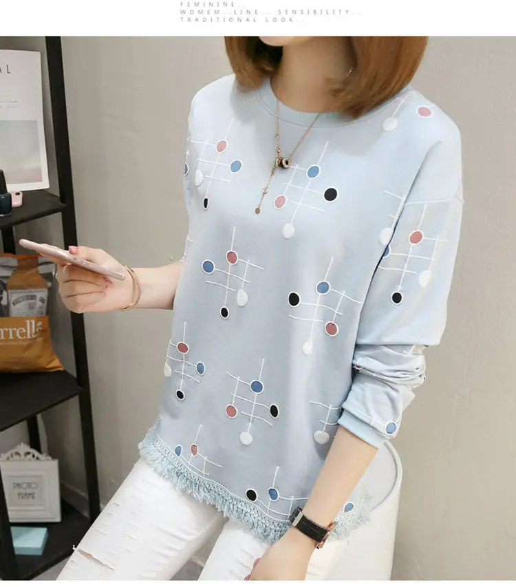 2019 Autumn Women Tops Tees Fashion Print Tshirt Femme T-shirt Ladies Long Sleeve Cotton T-shirts Bottom Tassel Poleras Mujer (7)