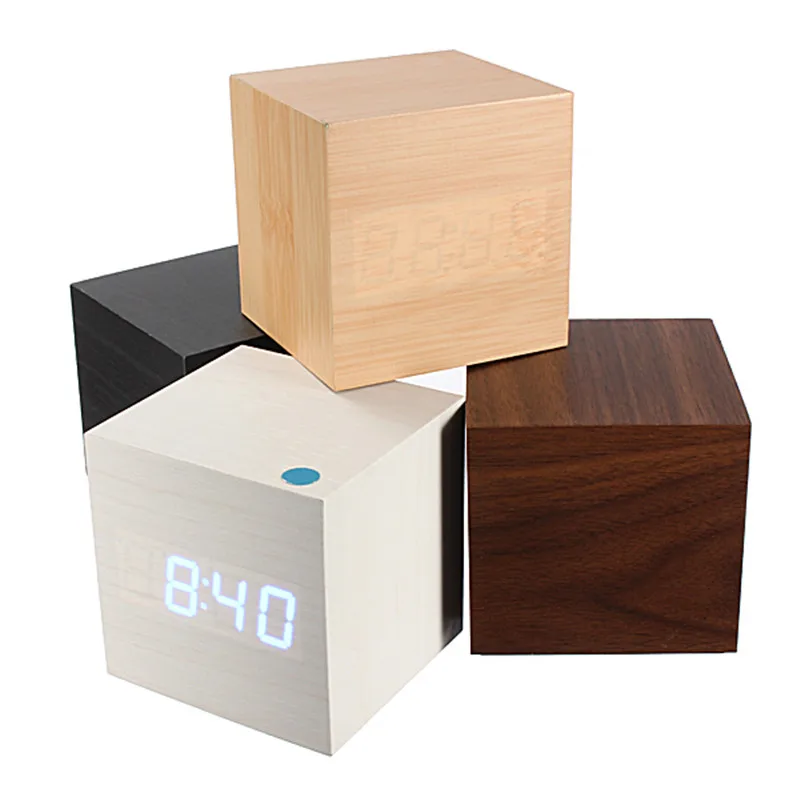  Mini Cube Shaped Home Office Desk Wooden Digital Alarm Clock Sound-Sensitive Clocks and Temperature