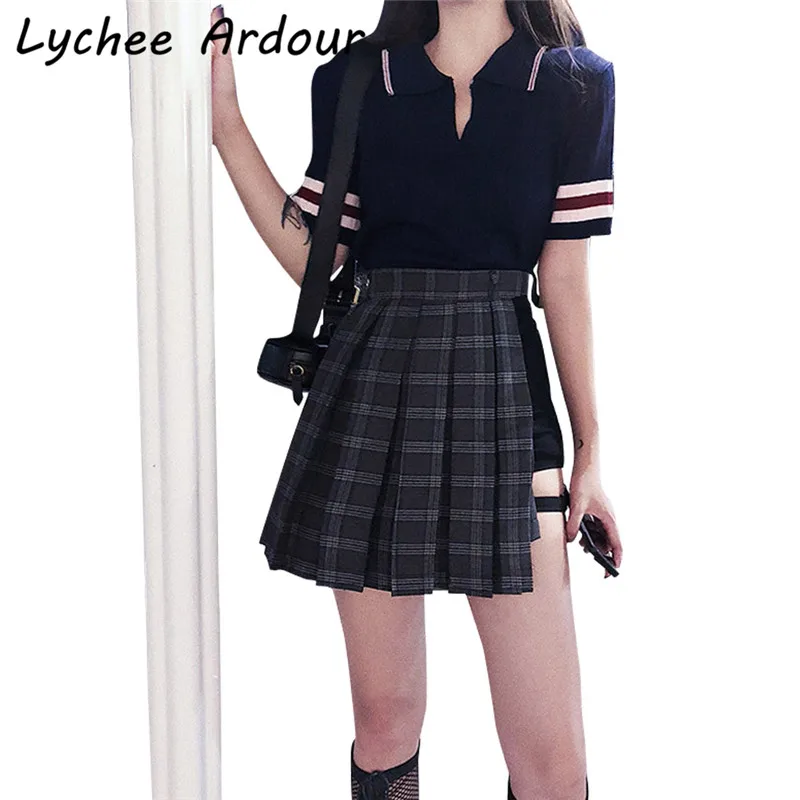 

Irregular Plaid Skirt With PU Leather Sashes Sexy Club Women Mini Skirts Spring Summer Short Skirts Streetwear