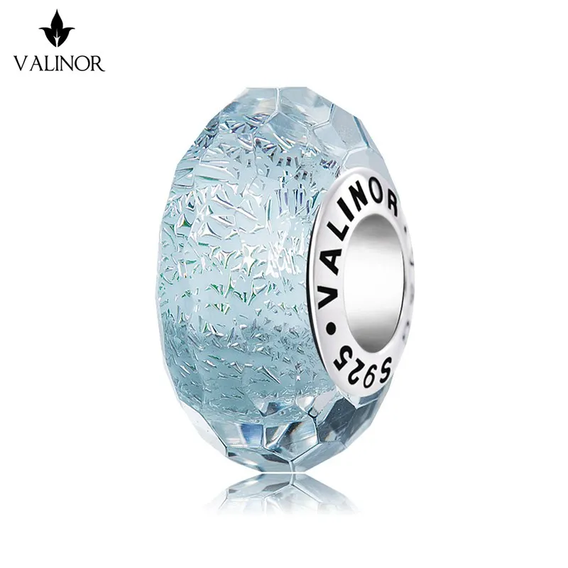 

light blue colorful flashing faceted murano glass beads charms 925 Sterling Silver fit Bracelets Jewelry Trendy JKLL013-5