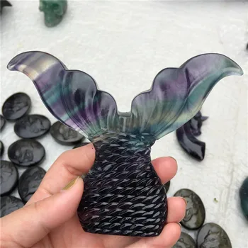 

Beautiful Natural Colorful Fluorite Crystal Hand Carved Mermaid Tail Crystal Healing Gemstone Animal Carving Gift