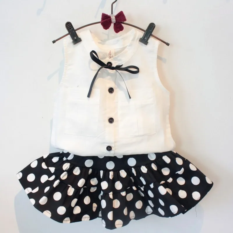 

new summer 2016 white blouse+polka dot skirt 2pcs baby clothing for girls suit conjunto menino for 2~7 age children clothes set
