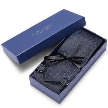 

Luxury Silk Men Tie Set for Men Cufflinks Tie and Handkerchief Set with Gift Box PlaidTie Necktie Wedding Dress Gravata 7.5cm